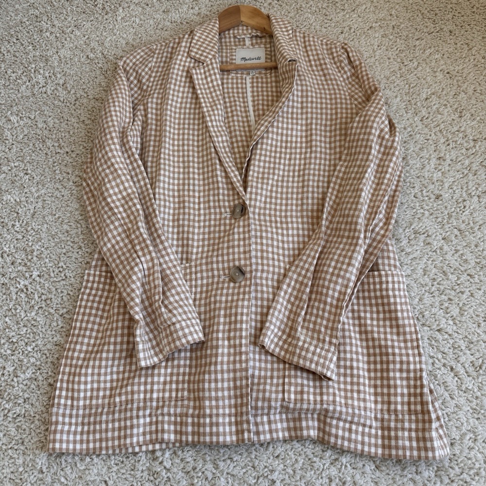 Madewell Gingham Linen Blazer Womens Medium Tan White Excellent Relaxed Fit